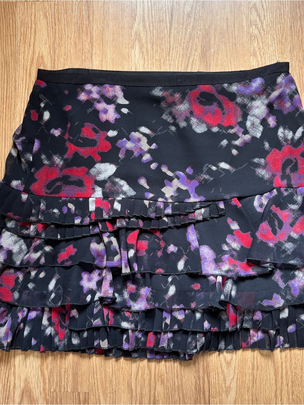DKNY Black Mini Skirt with Red and Purple Floral Print